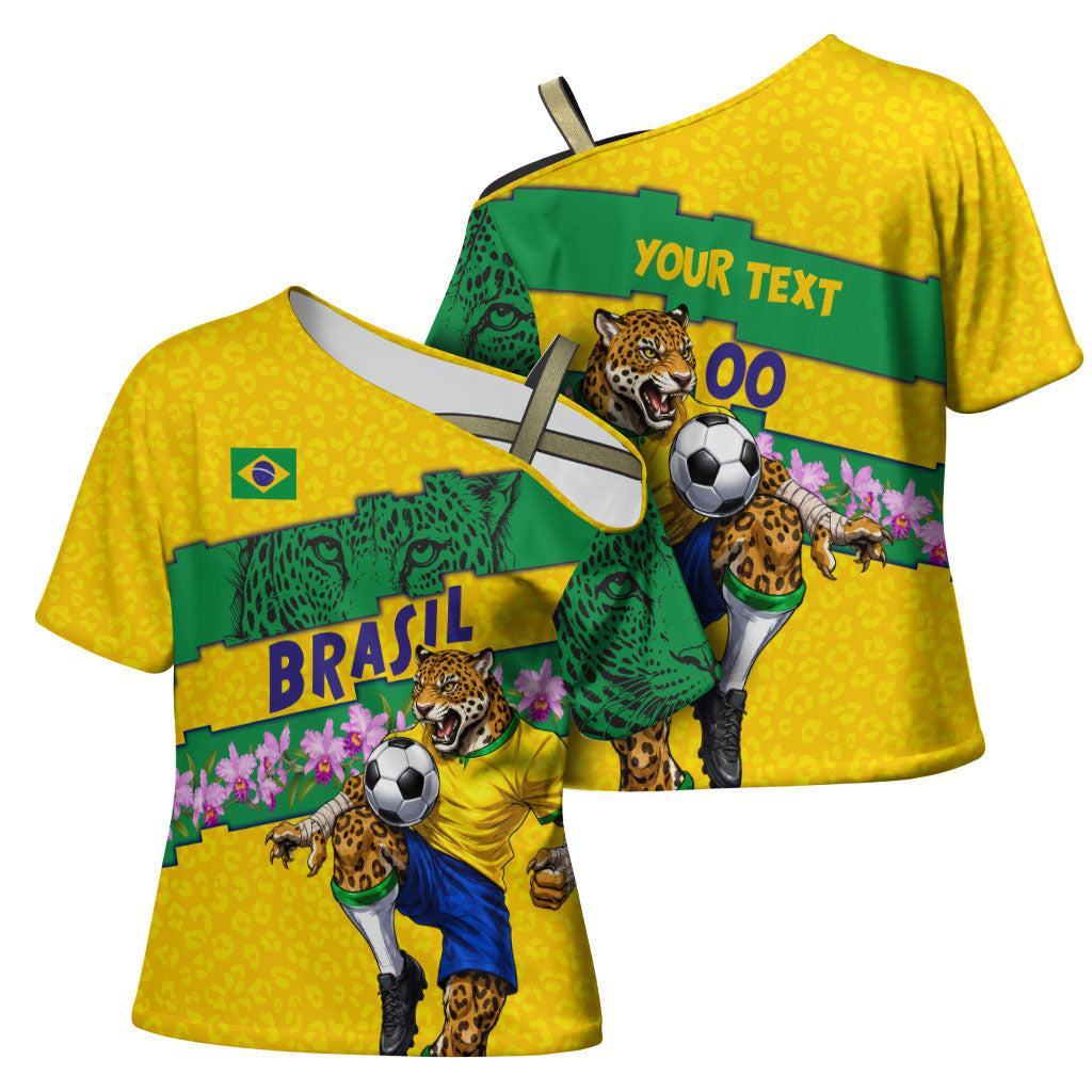 Personalized Brazil Soccer Cross Shoulder Shirt Jaguar Football Mascot - National Flag and Floral Accents