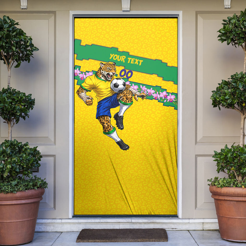 Personalized Brazil Soccer Door Cover Jaguar Football Mascot - National Flag and Floral Accents