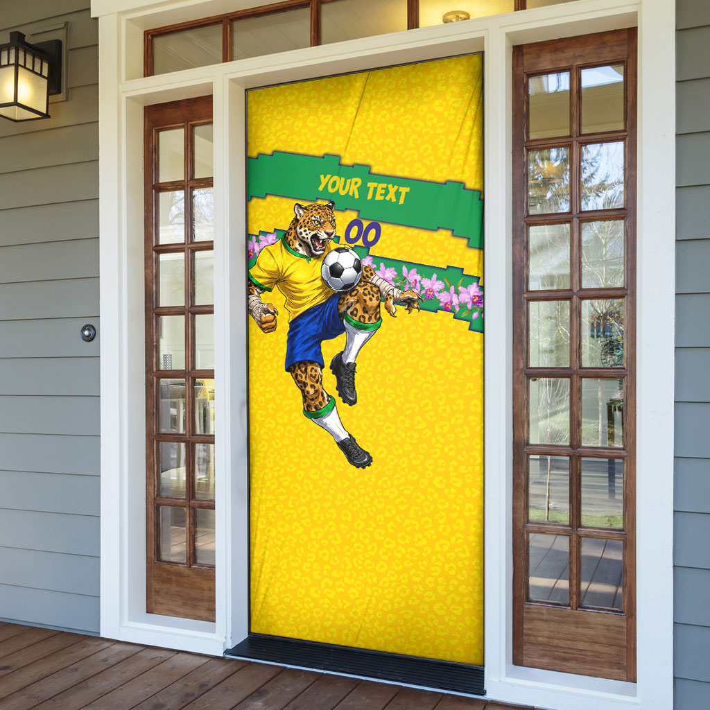 Personalized Brazil Soccer Door Cover Jaguar Football Mascot - National Flag and Floral Accents