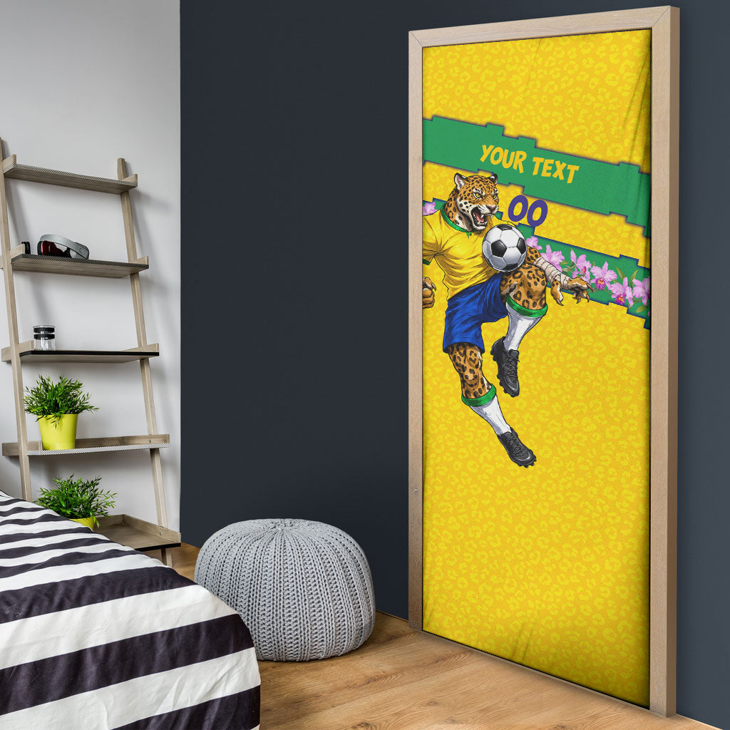 Personalized Brazil Soccer Door Cover Jaguar Football Mascot - National Flag and Floral Accents