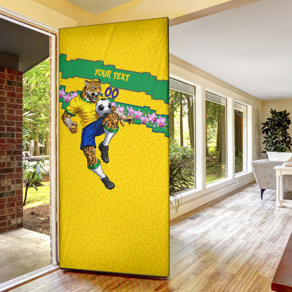 Personalized Brazil Soccer Door Cover Jaguar Football Mascot - National Flag and Floral Accents