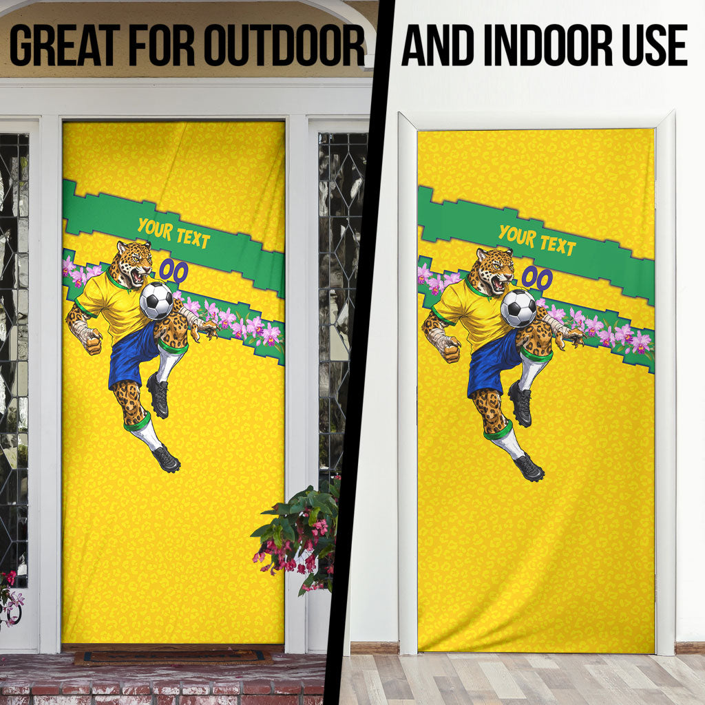 Personalized Brazil Soccer Door Cover Jaguar Football Mascot - National Flag and Floral Accents