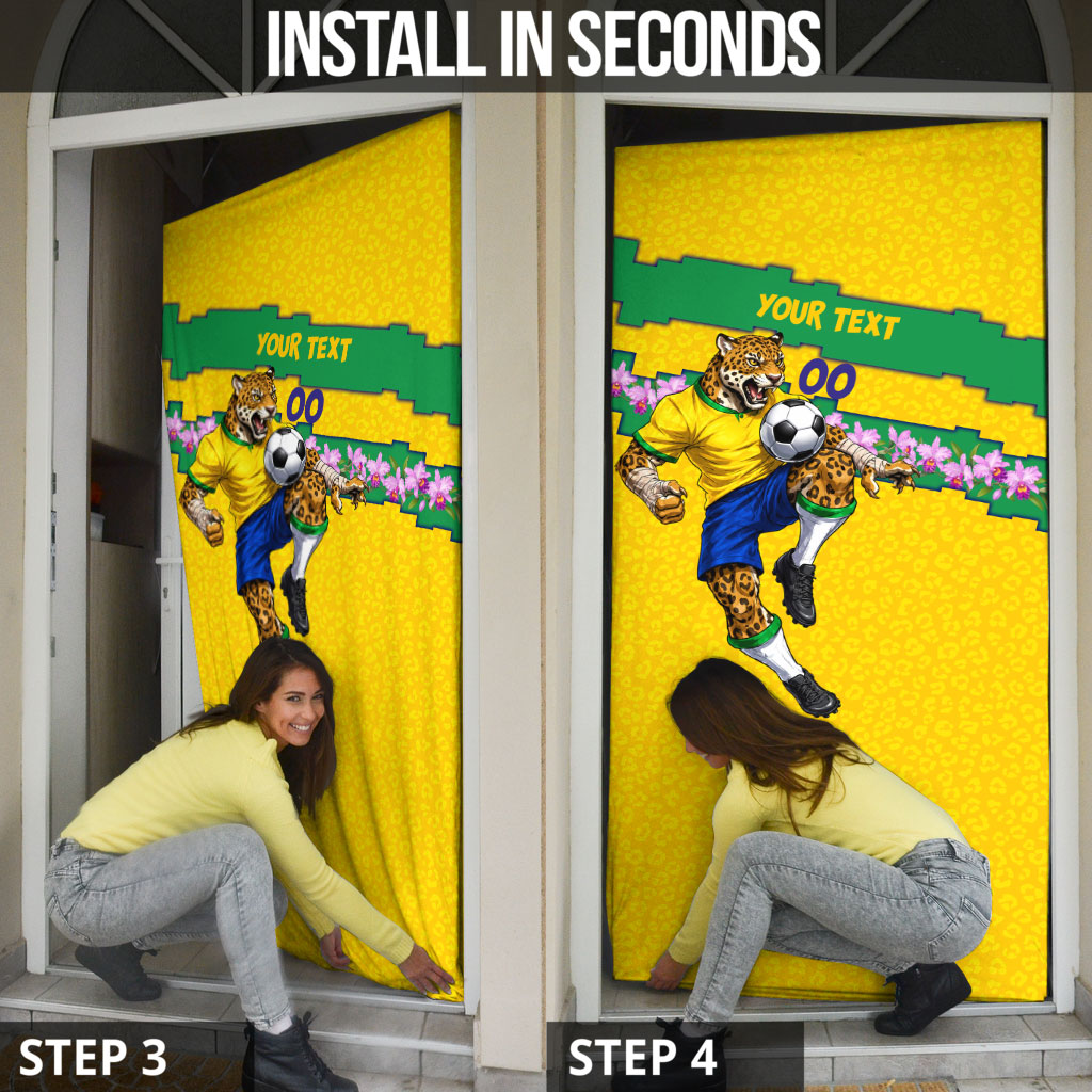 Personalized Brazil Soccer Door Cover Jaguar Football Mascot - National Flag and Floral Accents