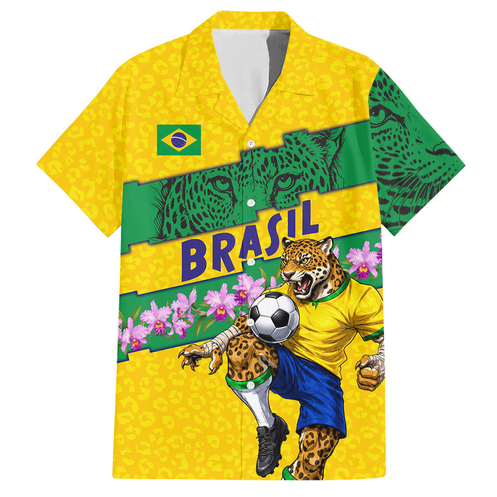 Personalized Brazil Soccer Hawaiian Shirt Jaguar Football Mascot - National Flag and Floral Accents