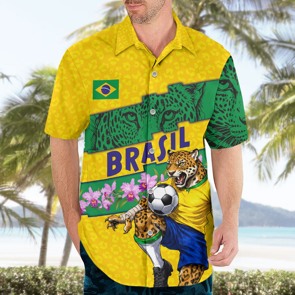 Personalized Brazil Soccer Hawaiian Shirt Jaguar Football Mascot - National Flag and Floral Accents