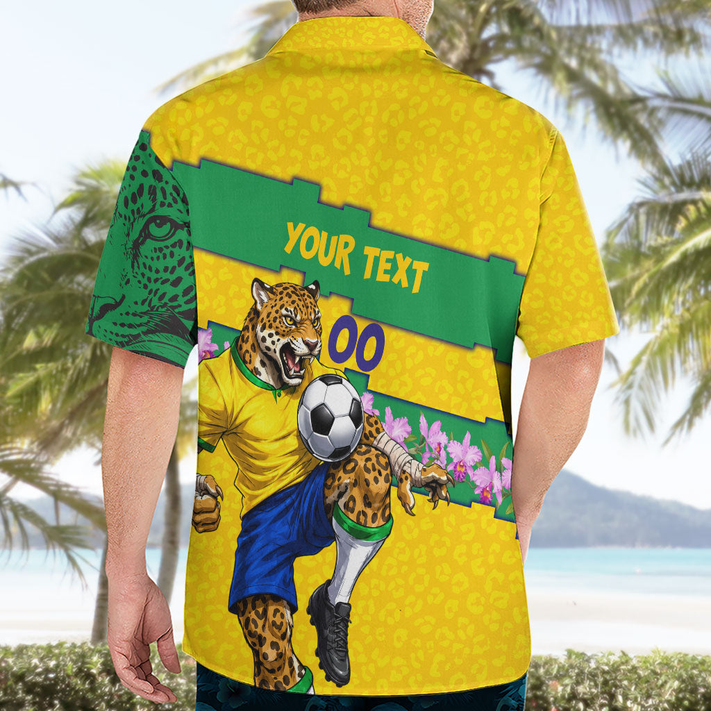 Personalized Brazil Soccer Hawaiian Shirt Jaguar Football Mascot - National Flag and Floral Accents