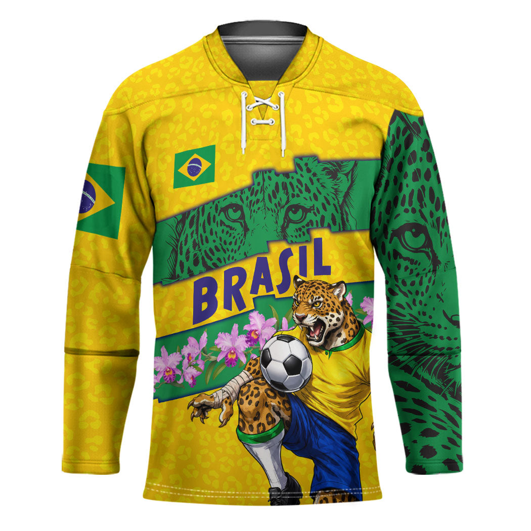 Personalized Brazil Soccer Hockey Jersey Jaguar Football Mascot - National Flag and Floral Accents