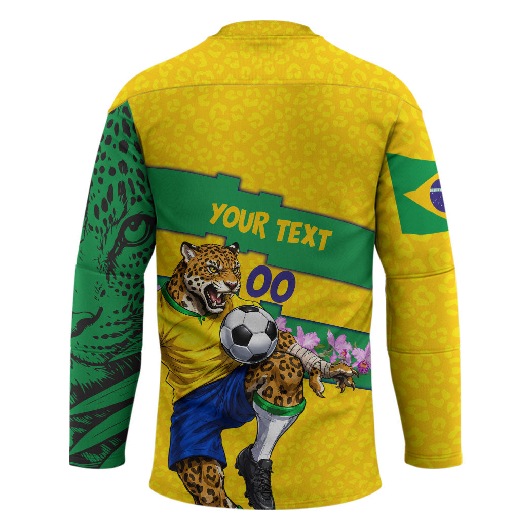 Personalized Brazil Soccer Hockey Jersey Jaguar Football Mascot - National Flag and Floral Accents