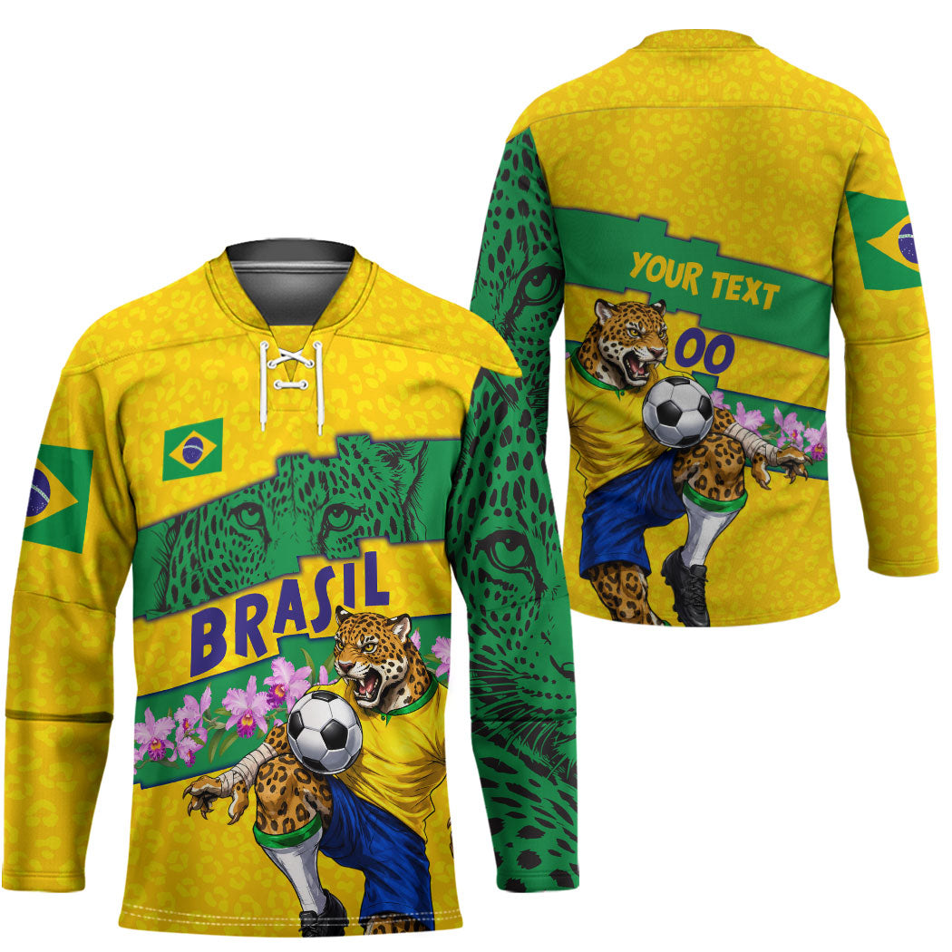 Personalized Brazil Soccer Hockey Jersey Jaguar Football Mascot - National Flag and Floral Accents