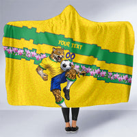 Personalized Brazil Soccer Hooded Blanket Jaguar Football Mascot - National Flag and Floral Accents