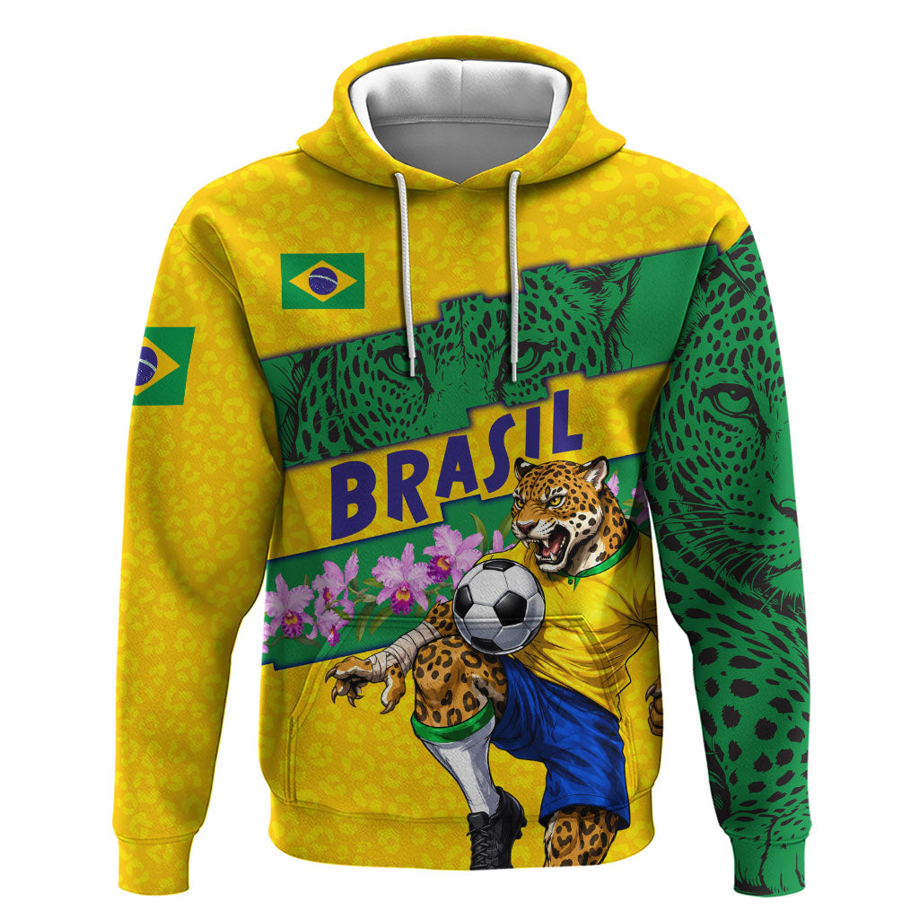Personalized Brazil Soccer Hoodie Jaguar Football Mascot - National Flag and Floral Accents
