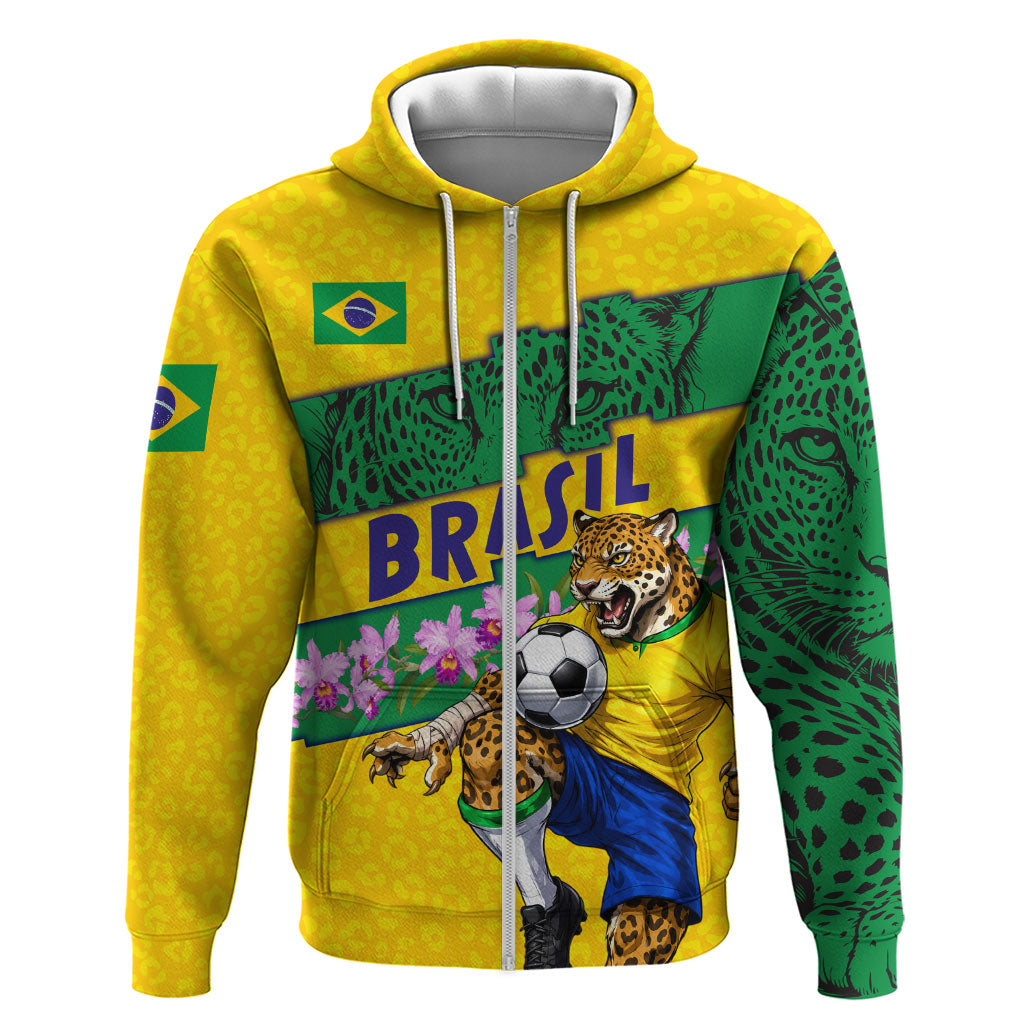 Personalized Brazil Soccer Hoodie Jaguar Football Mascot - National Flag and Floral Accents