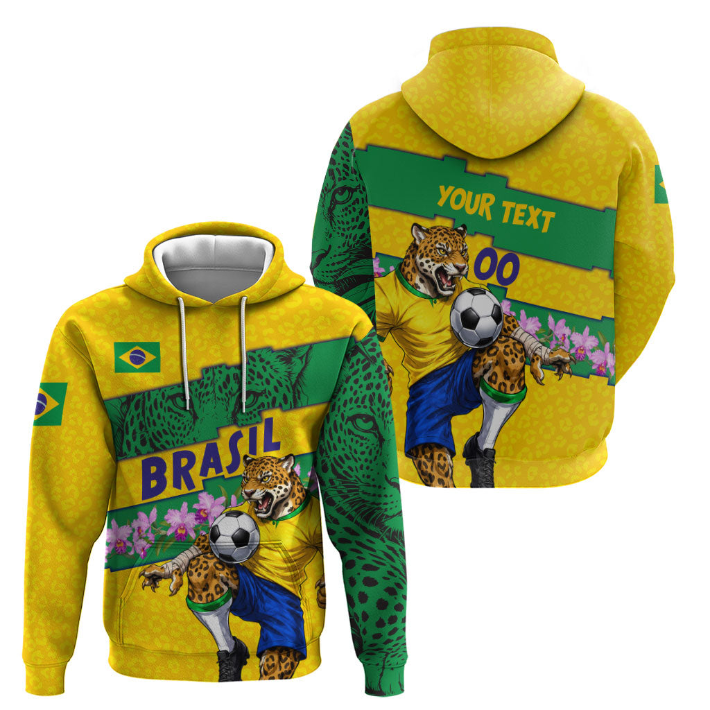 Personalized Brazil Soccer Hoodie Jaguar Football Mascot - National Flag and Floral Accents