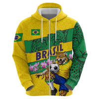 Personalized Brazil Soccer Hoodie Jaguar Football Mascot - National Flag and Floral Accents