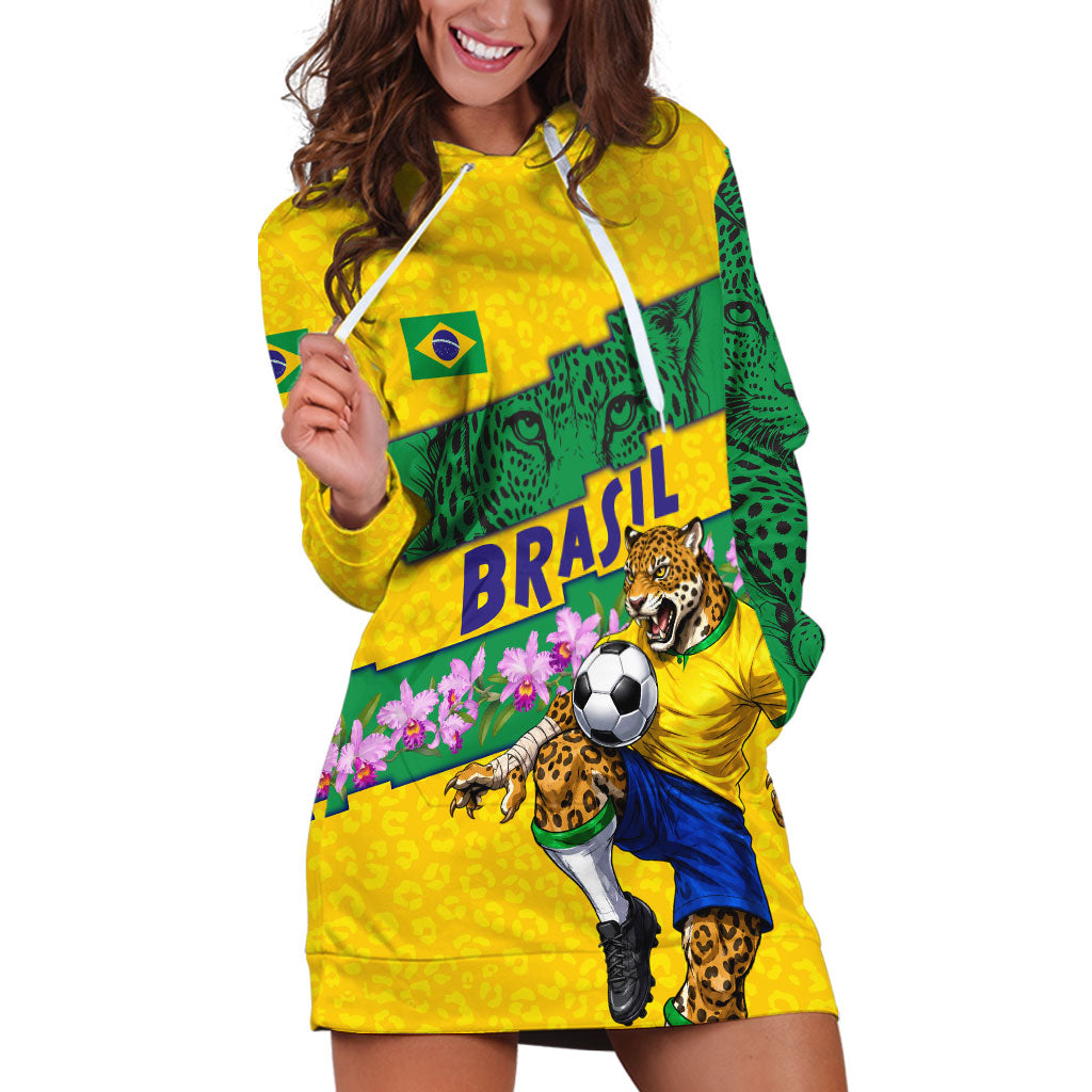 Personalized Brazil Soccer Hoodie Dress Jaguar Football Mascot - National Flag and Floral Accents