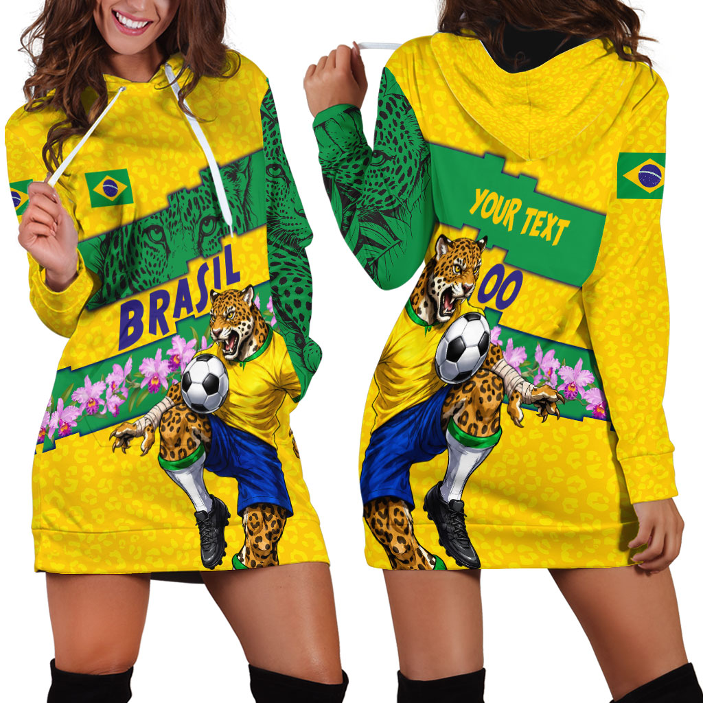 Personalized Brazil Soccer Hoodie Dress Jaguar Football Mascot - National Flag and Floral Accents