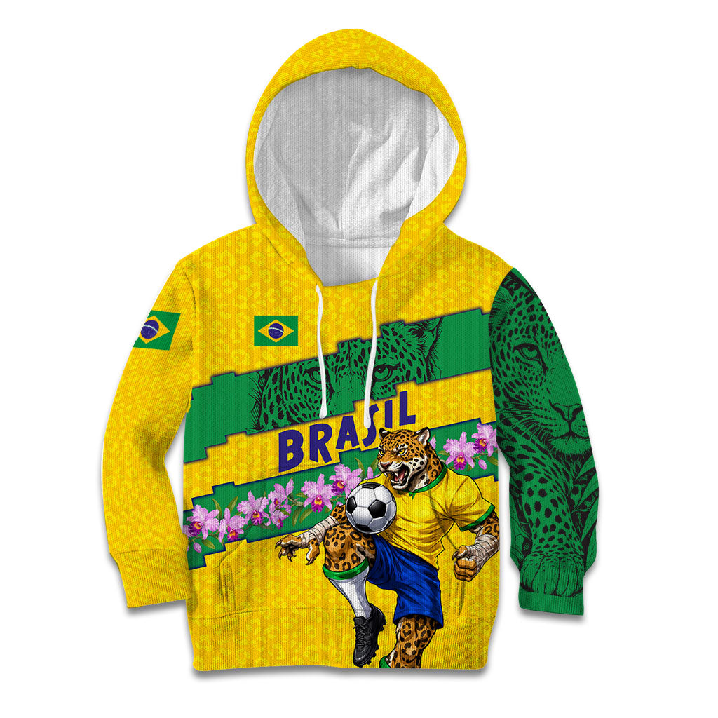 Personalized Brazil Soccer Kid Hoodie Jaguar Football Mascot - National Flag and Floral Accents