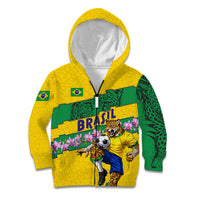 Personalized Brazil Soccer Kid Hoodie Jaguar Football Mascot - National Flag and Floral Accents