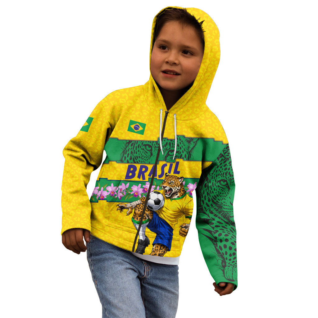 Personalized Brazil Soccer Kid Hoodie Jaguar Football Mascot - National Flag and Floral Accents