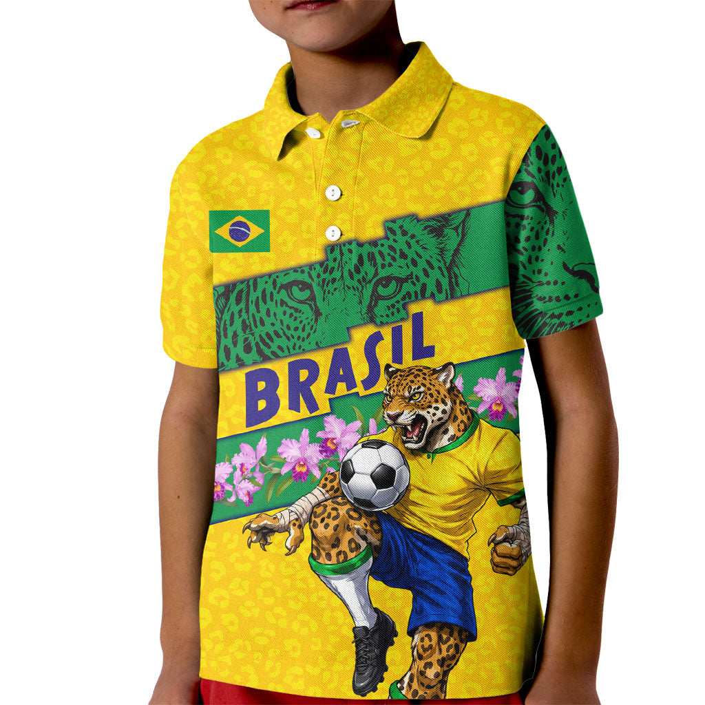 Personalized Brazil Soccer Kid Polo Shirt Jaguar Football Mascot - National Flag and Floral Accents