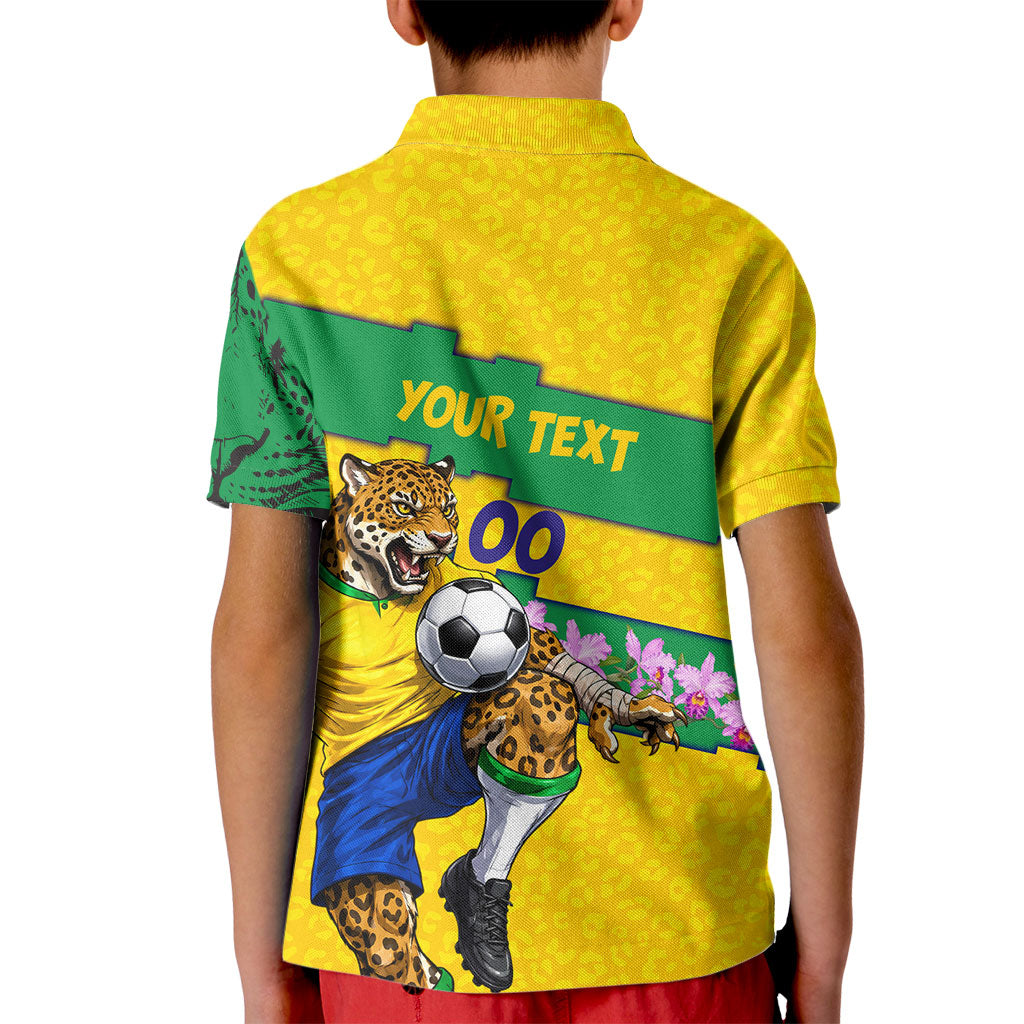 Personalized Brazil Soccer Kid Polo Shirt Jaguar Football Mascot - National Flag and Floral Accents