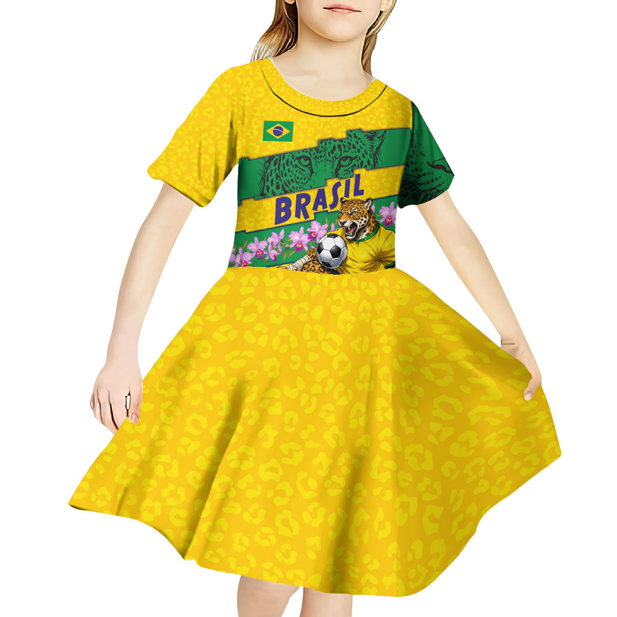 Personalized Brazil Soccer Kid Short Sleeve Dress Jaguar Football Mascot - National Flag and Floral Accents