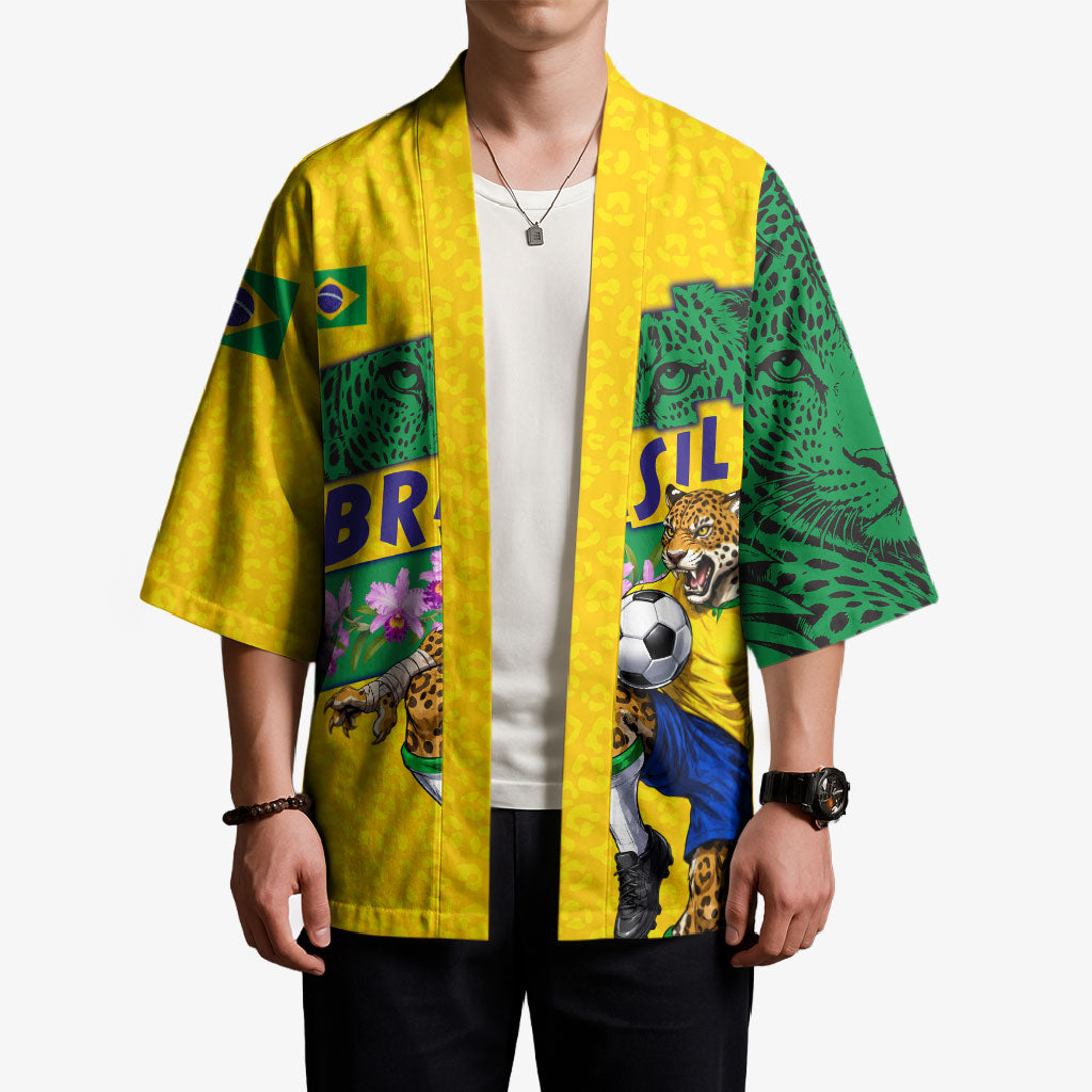 Personalized Brazil Soccer Kimono Jaguar Football Mascot - National Flag and Floral Accents