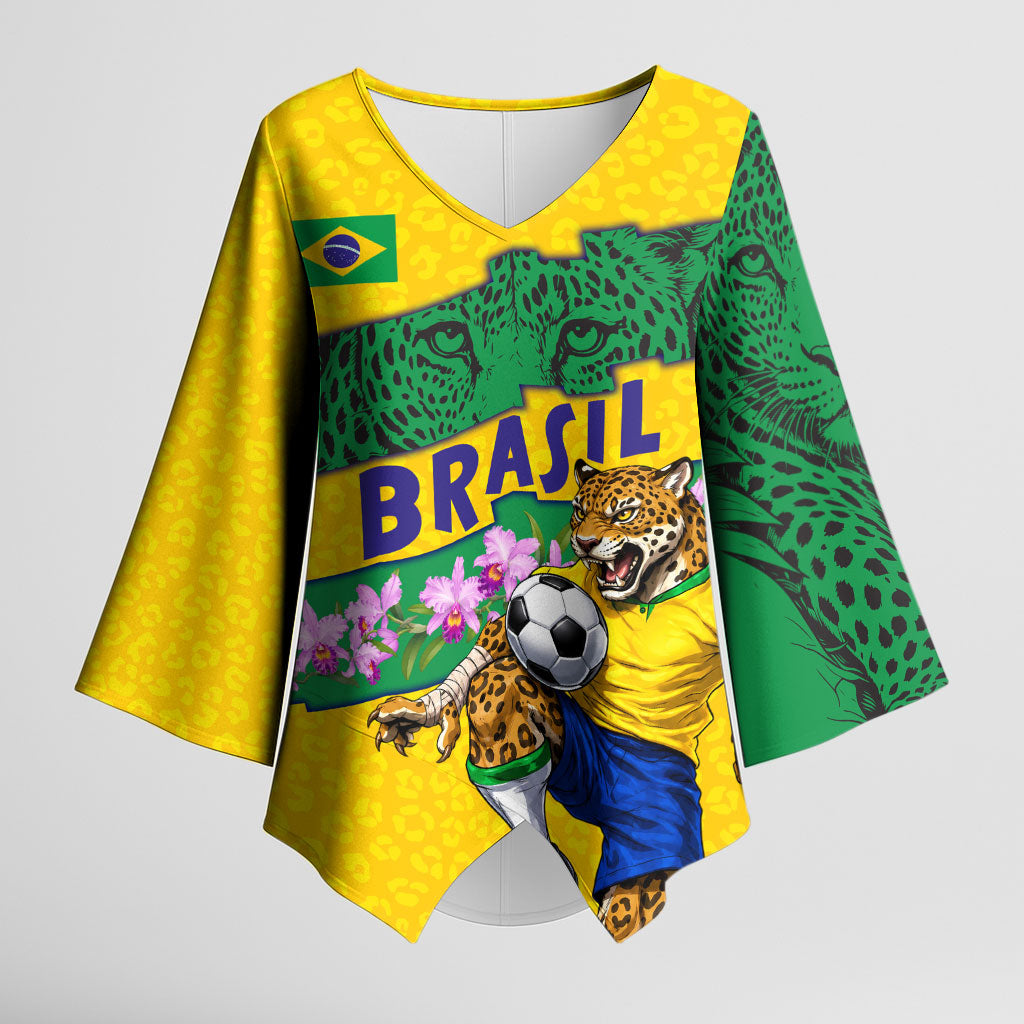 Personalized Brazil Soccer Kimono Sleeve Blouse Jaguar Football Mascot - National Flag and Floral Accents