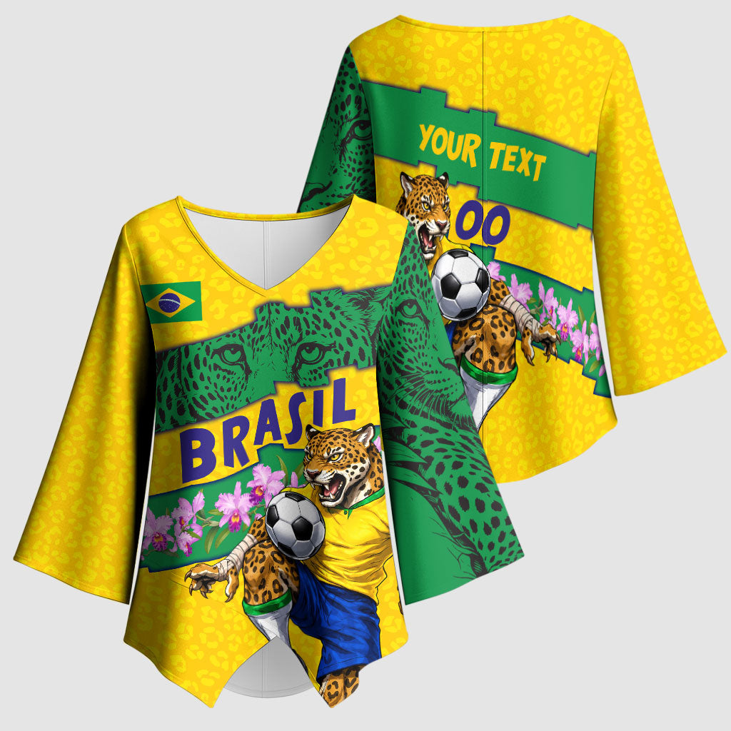 Personalized Brazil Soccer Kimono Sleeve Blouse Jaguar Football Mascot - National Flag and Floral Accents