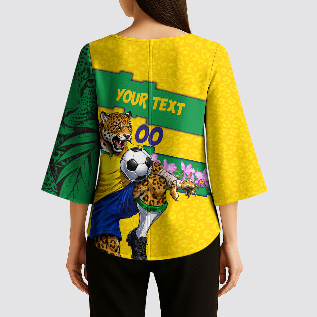 Personalized Brazil Soccer Kimono Sleeve Blouse Jaguar Football Mascot - National Flag and Floral Accents