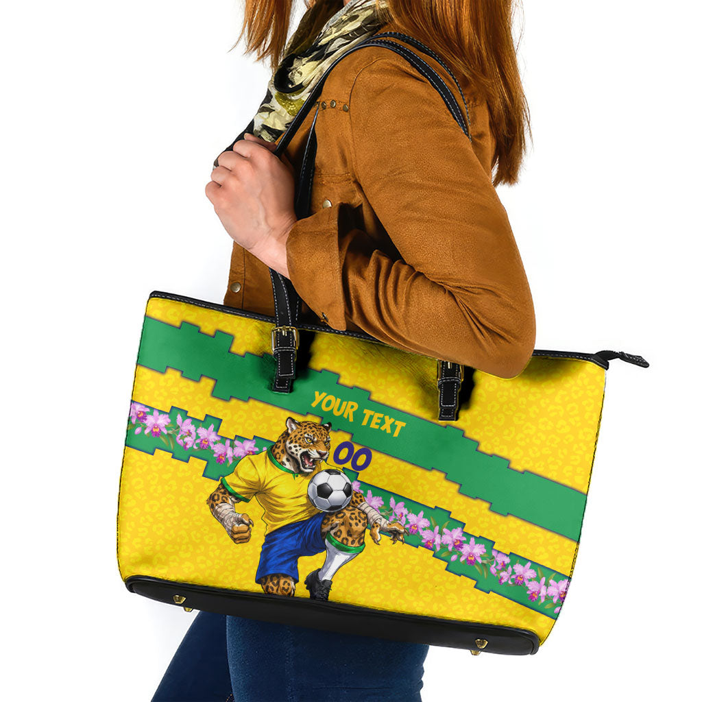 Personalized Brazil Soccer Leather Tote Bag Jaguar Football Mascot - National Flag and Floral Accents
