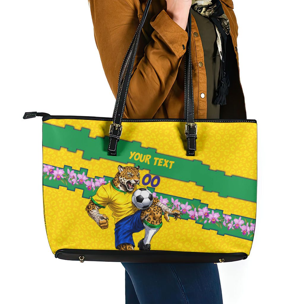 Personalized Brazil Soccer Leather Tote Bag Jaguar Football Mascot - National Flag and Floral Accents