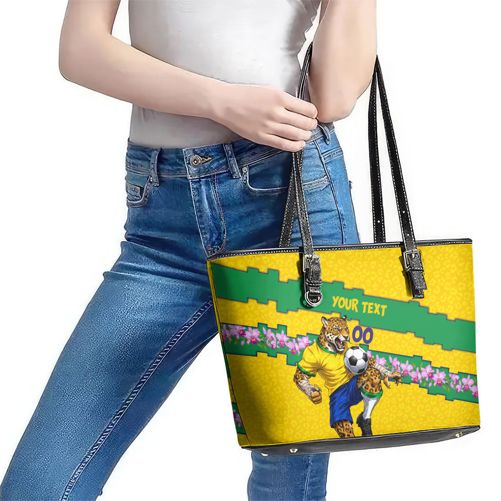 Personalized Brazil Soccer Leather Tote Bag Jaguar Football Mascot - National Flag and Floral Accents