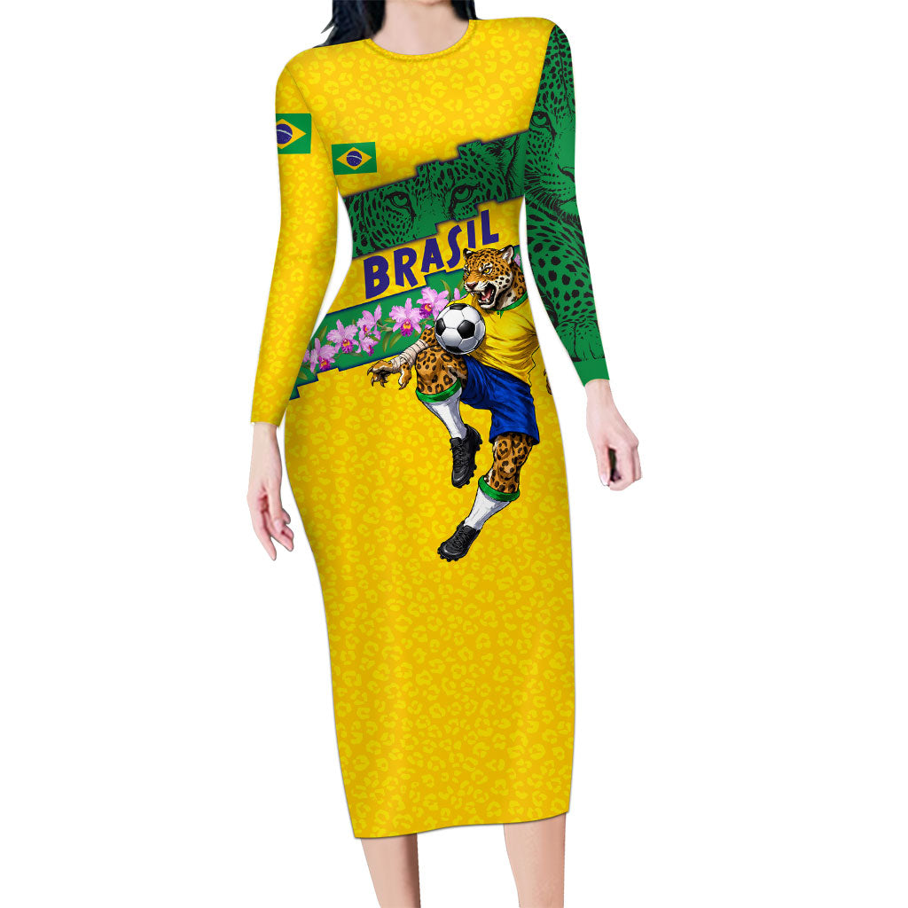 Personalized Brazil Soccer Long Sleeve Bodycon Dress Jaguar Football Mascot - National Flag and Floral Accents