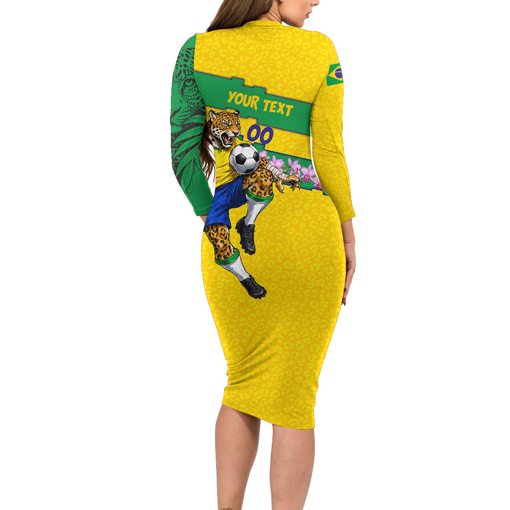 Personalized Brazil Soccer Long Sleeve Bodycon Dress Jaguar Football Mascot - National Flag and Floral Accents
