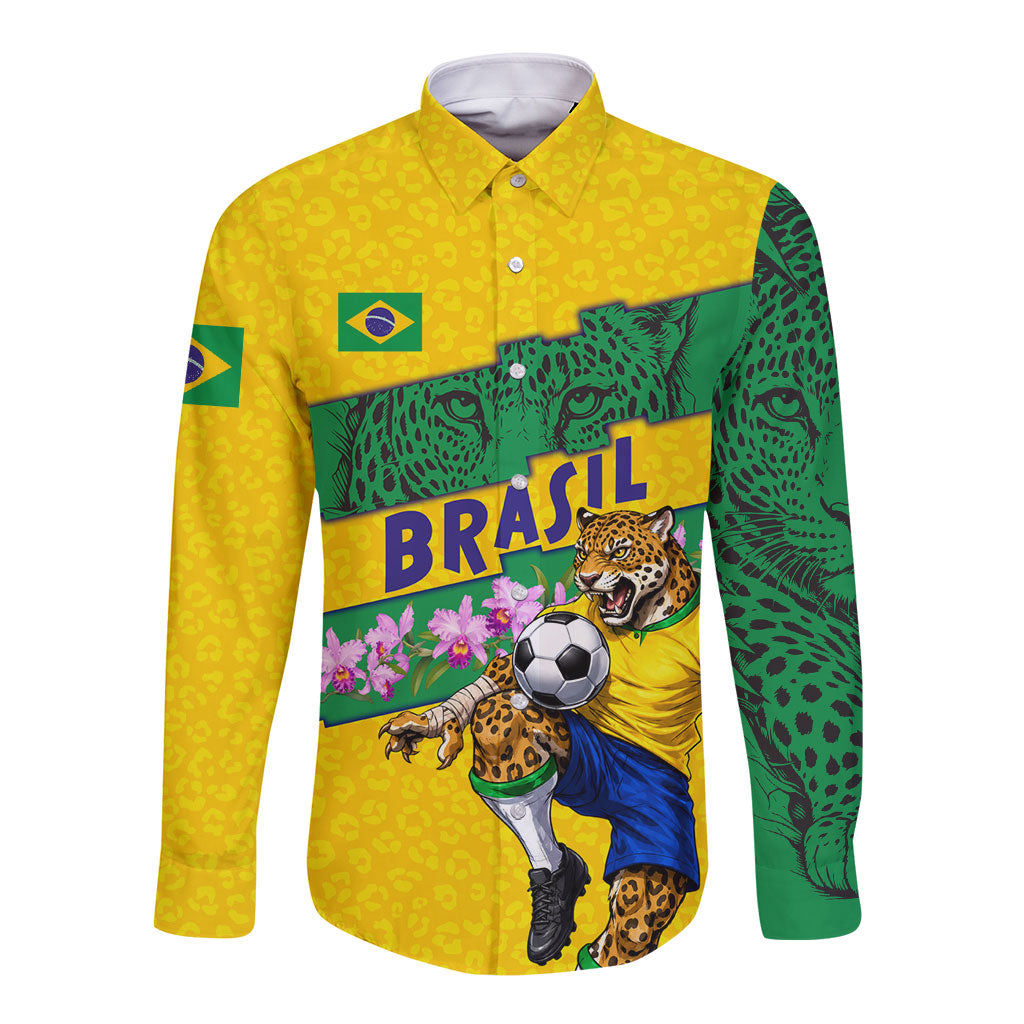 Personalized Brazil Soccer Long Sleeve Button Shirt Jaguar Football Mascot - National Flag and Floral Accents