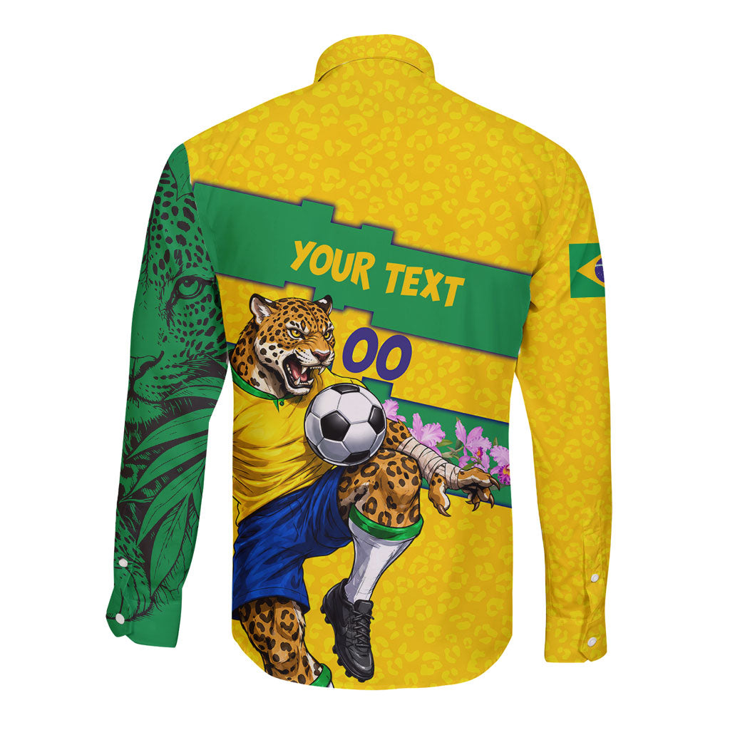 Personalized Brazil Soccer Long Sleeve Button Shirt Jaguar Football Mascot - National Flag and Floral Accents
