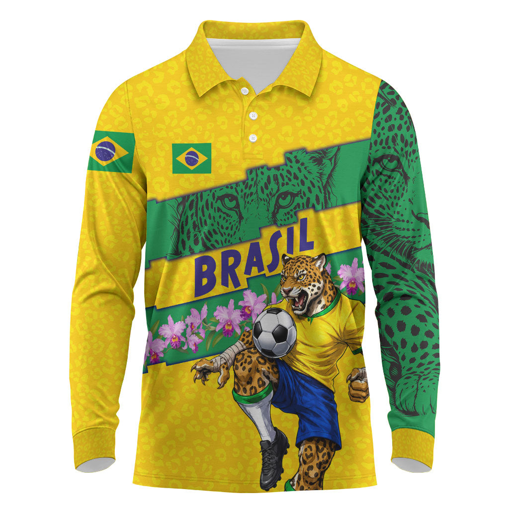 Personalized Brazil Soccer Long Sleeve Polo Shirt Jaguar Football Mascot - National Flag and Floral Accents