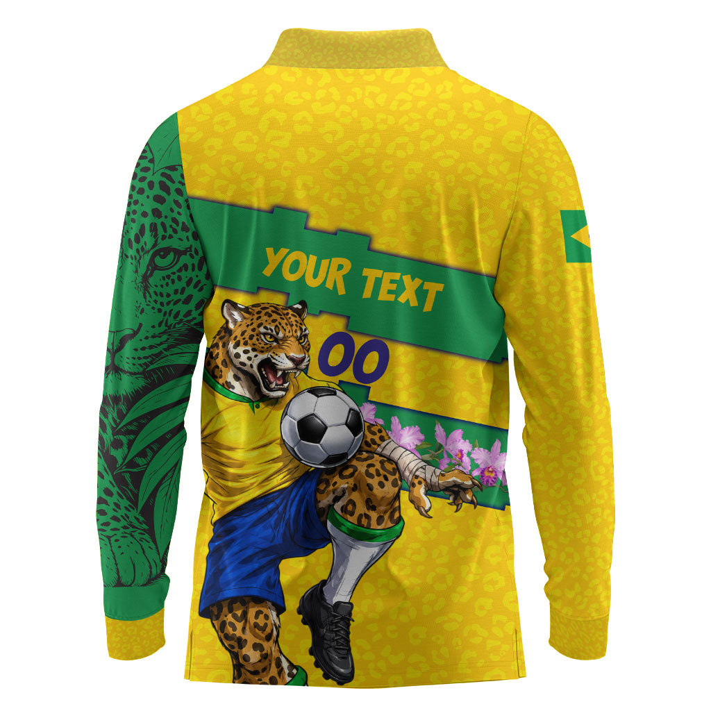 Personalized Brazil Soccer Long Sleeve Polo Shirt Jaguar Football Mascot - National Flag and Floral Accents