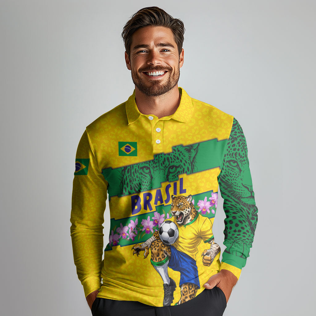 Personalized Brazil Soccer Long Sleeve Polo Shirt Jaguar Football Mascot - National Flag and Floral Accents