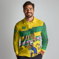 Personalized Brazil Soccer Long Sleeve Polo Shirt Jaguar Football Mascot - National Flag and Floral Accents