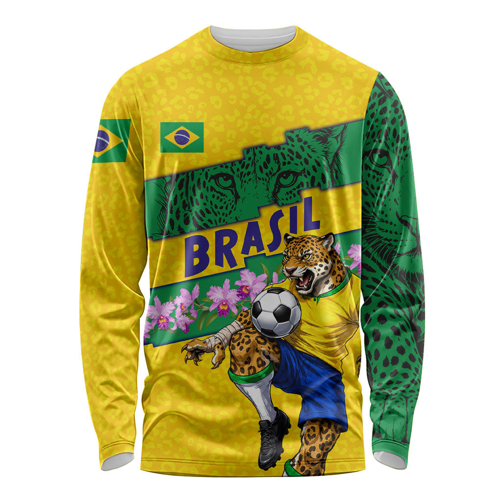 Personalized Brazil Soccer Long Sleeve Shirt Jaguar Football Mascot - National Flag and Floral Accents