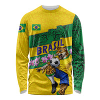 Personalized Brazil Soccer Long Sleeve Shirt Jaguar Football Mascot - National Flag and Floral Accents