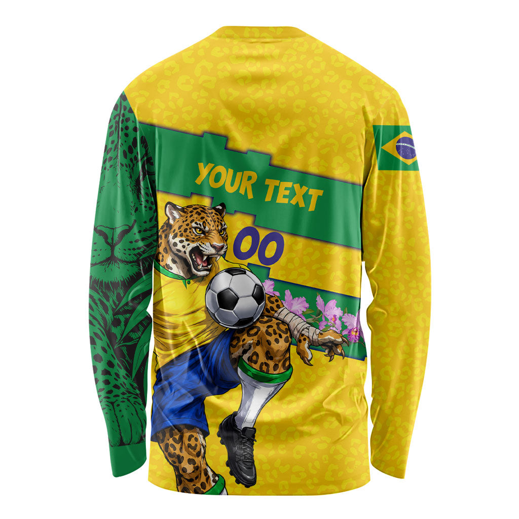 Personalized Brazil Soccer Long Sleeve Shirt Jaguar Football Mascot - National Flag and Floral Accents
