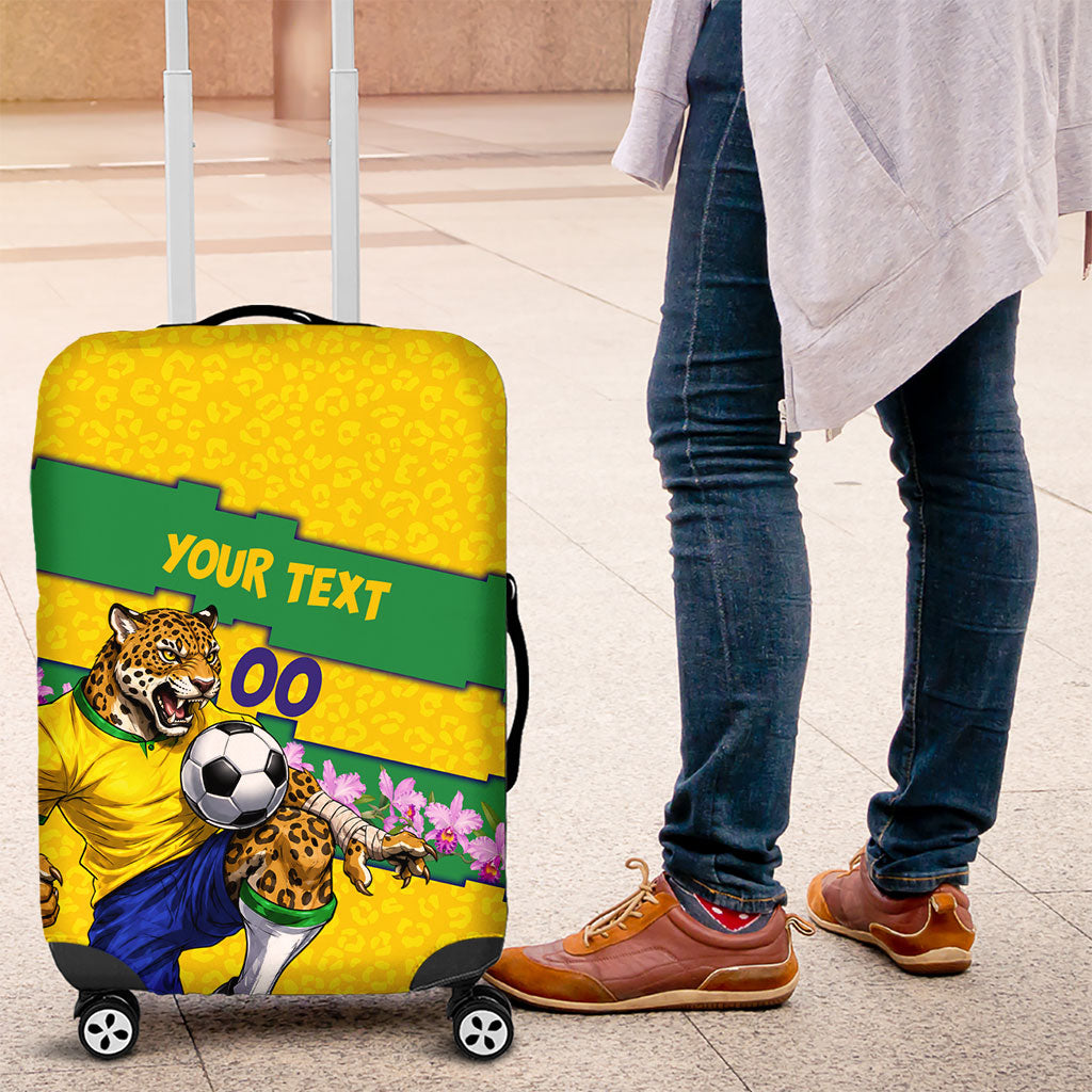 Personalized Brazil Soccer Luggage Cover Jaguar Football Mascot - National Flag and Floral Accents