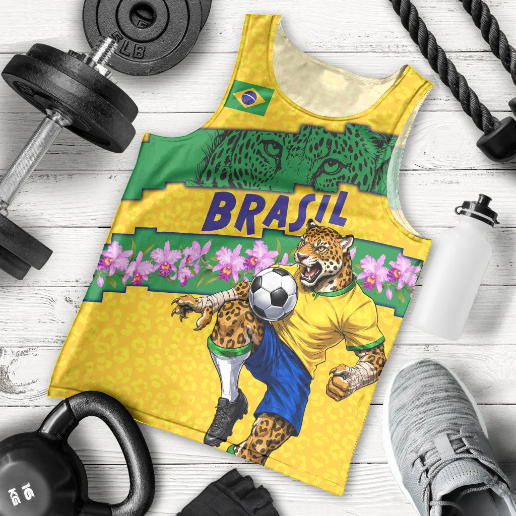 Personalized Brazil Soccer Men Tank Top Jaguar Football Mascot - National Flag and Floral Accents