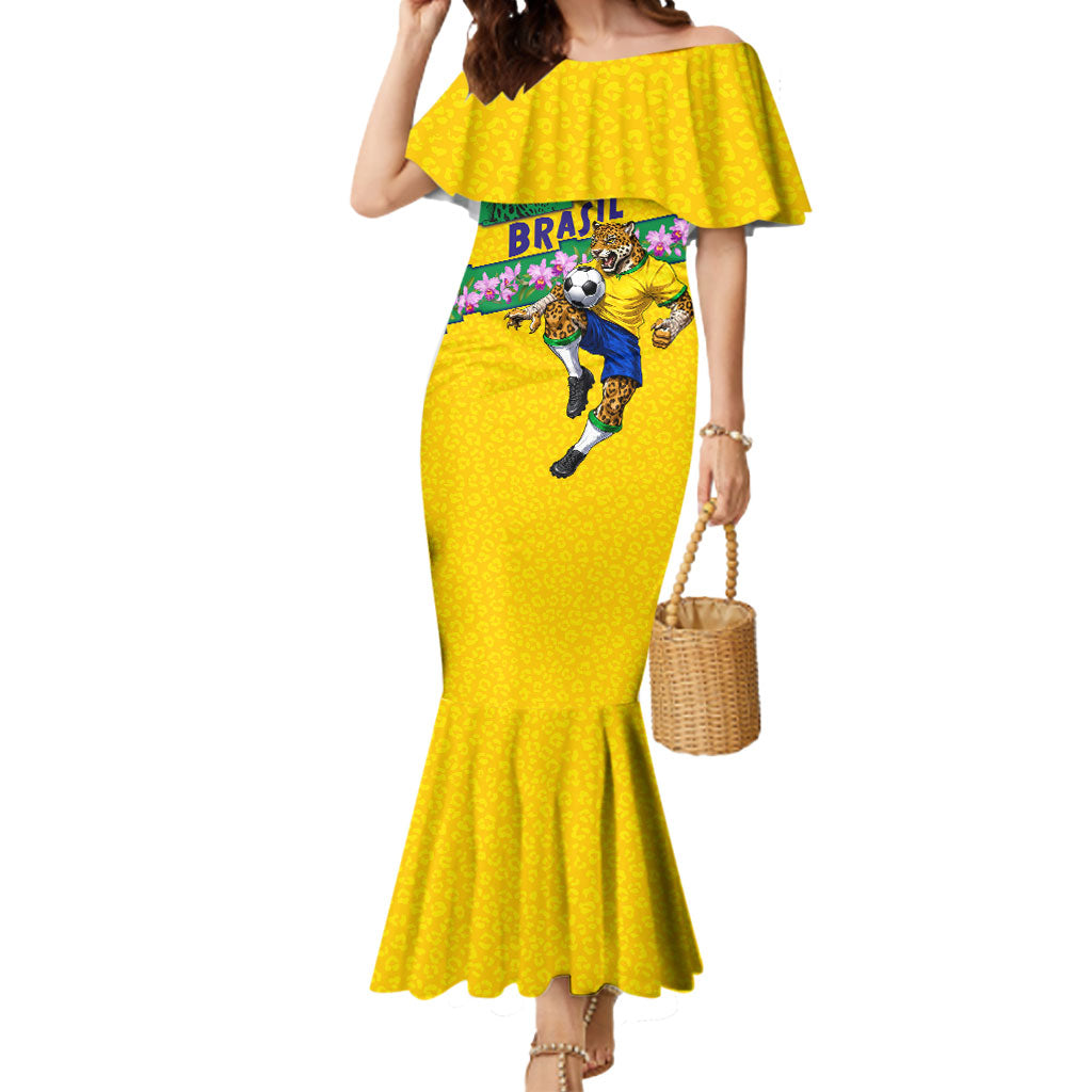 Personalized Brazil Soccer Mermaid Dress Jaguar Football Mascot - National Flag and Floral Accents