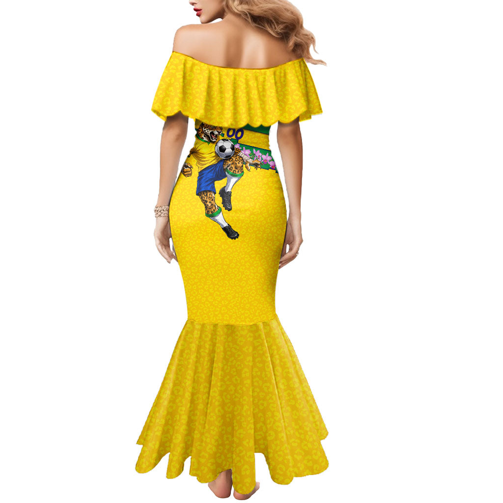 Personalized Brazil Soccer Mermaid Dress Jaguar Football Mascot - National Flag and Floral Accents
