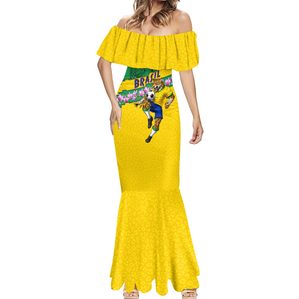 Personalized Brazil Soccer Mermaid Dress Jaguar Football Mascot - National Flag and Floral Accents