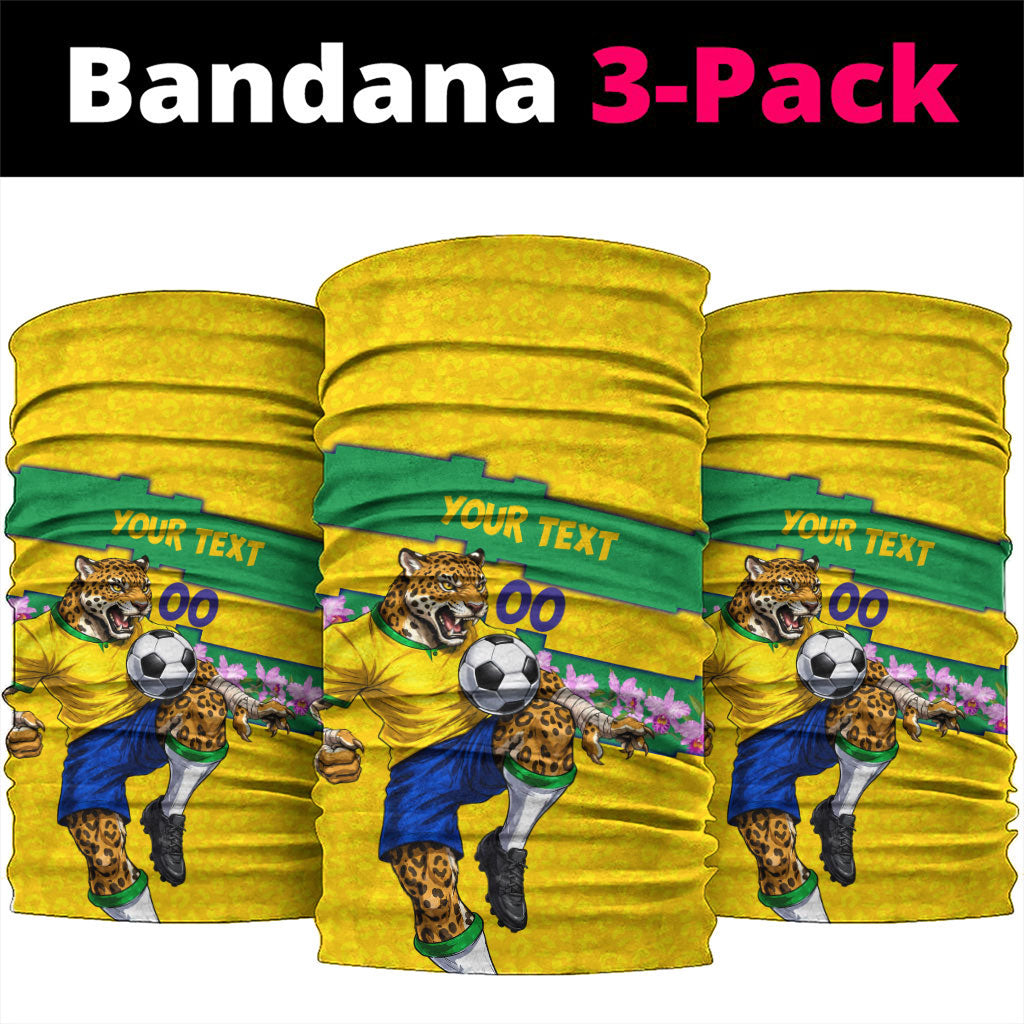 Personalized Brazil Soccer Neck Gaiter Jaguar Football Mascot - National Flag and Floral Accents